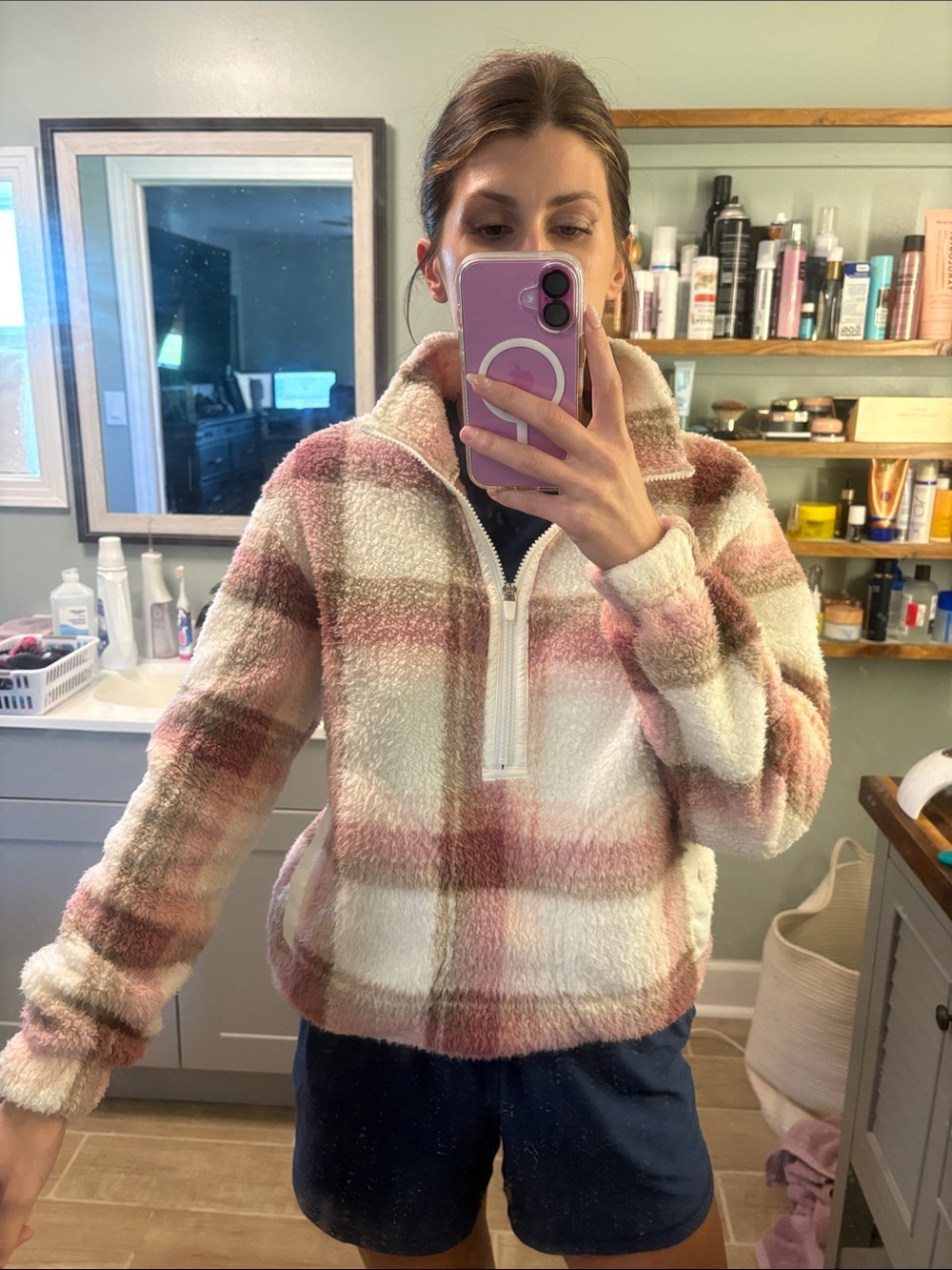 Cozy Plaid Sherpa Pullover Jacket - Pink & Cream